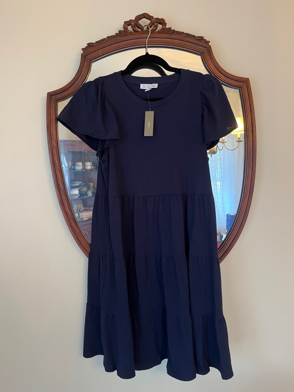 NWT J. Crew Navy Tiered Short-Sleeve Dress with Flutter Detail Size Small